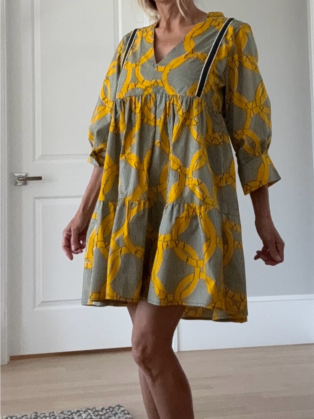 Yellow Patterned V-Neck Tiered Mini Dress